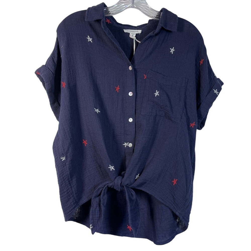 New BEACHLUNCHLOUNGE Sz S Top Navy Stars Tie Front Patriotic Embroidered July 4